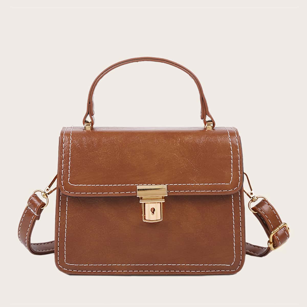 

Push Lock Flap Satchel Bag, Brown
