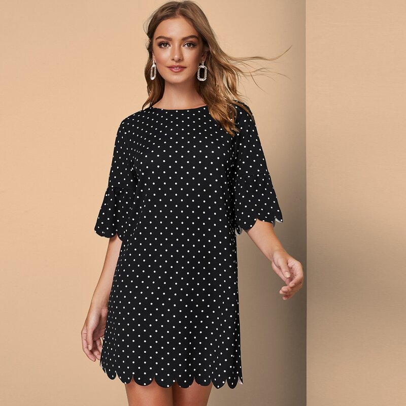 

Scallop Trim Polka Dot Print Dress, Black