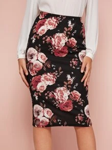 SHEIN Floral Print Pencil Skirt - Black - View 4