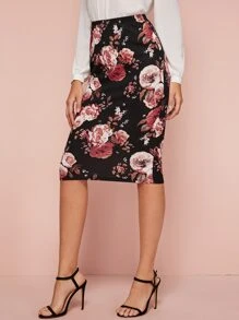 SHEIN Floral Print Pencil Skirt - Black - View 3