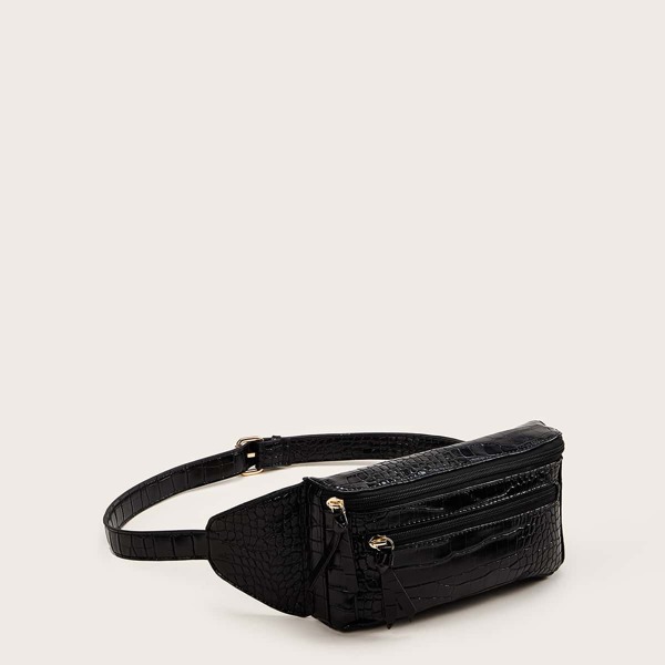 

Croc Embossed Zip Front Fanny Pack, Black