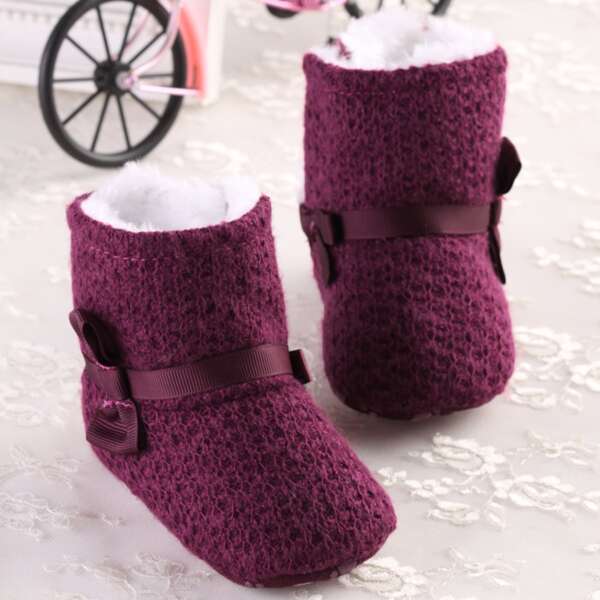 

Baby Girls Bow Detail Faux Fur Lined Knit Boots, Purple