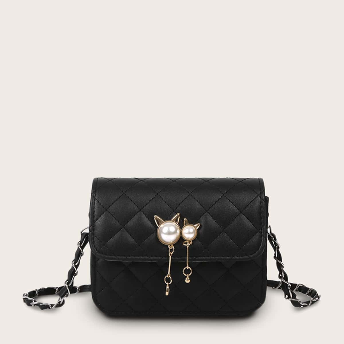 

Quilted Pearl Decor Chain Crossbody Bag, Black