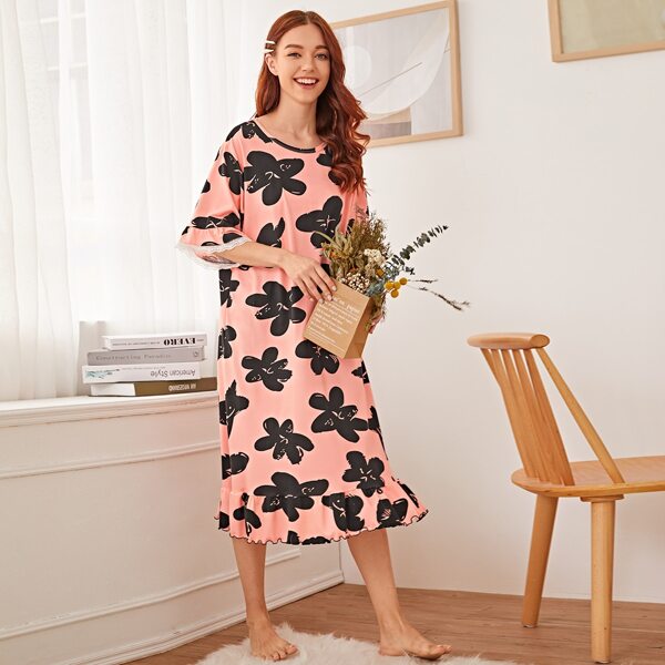 

Floral Print Lace Trim Night Dress, Coral pink