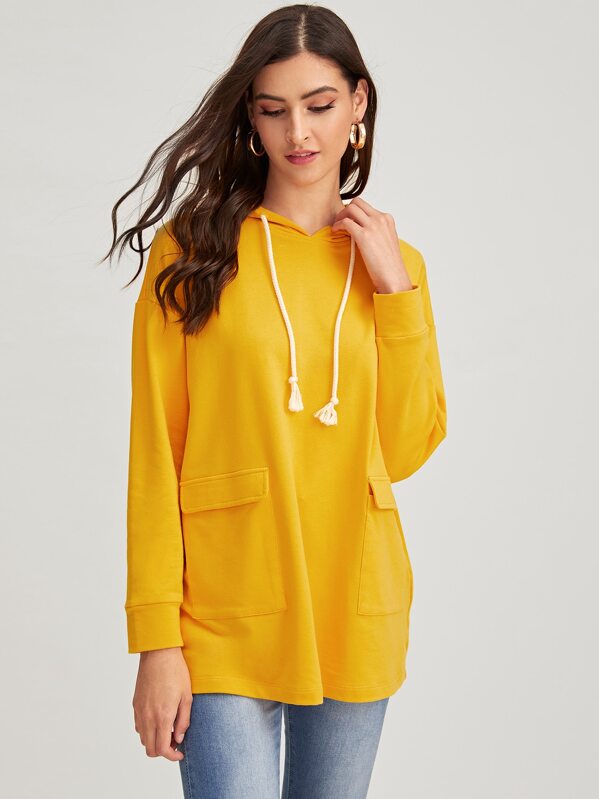 

Flap Pocket Front Drawstring Hoodie, Yellow, GG