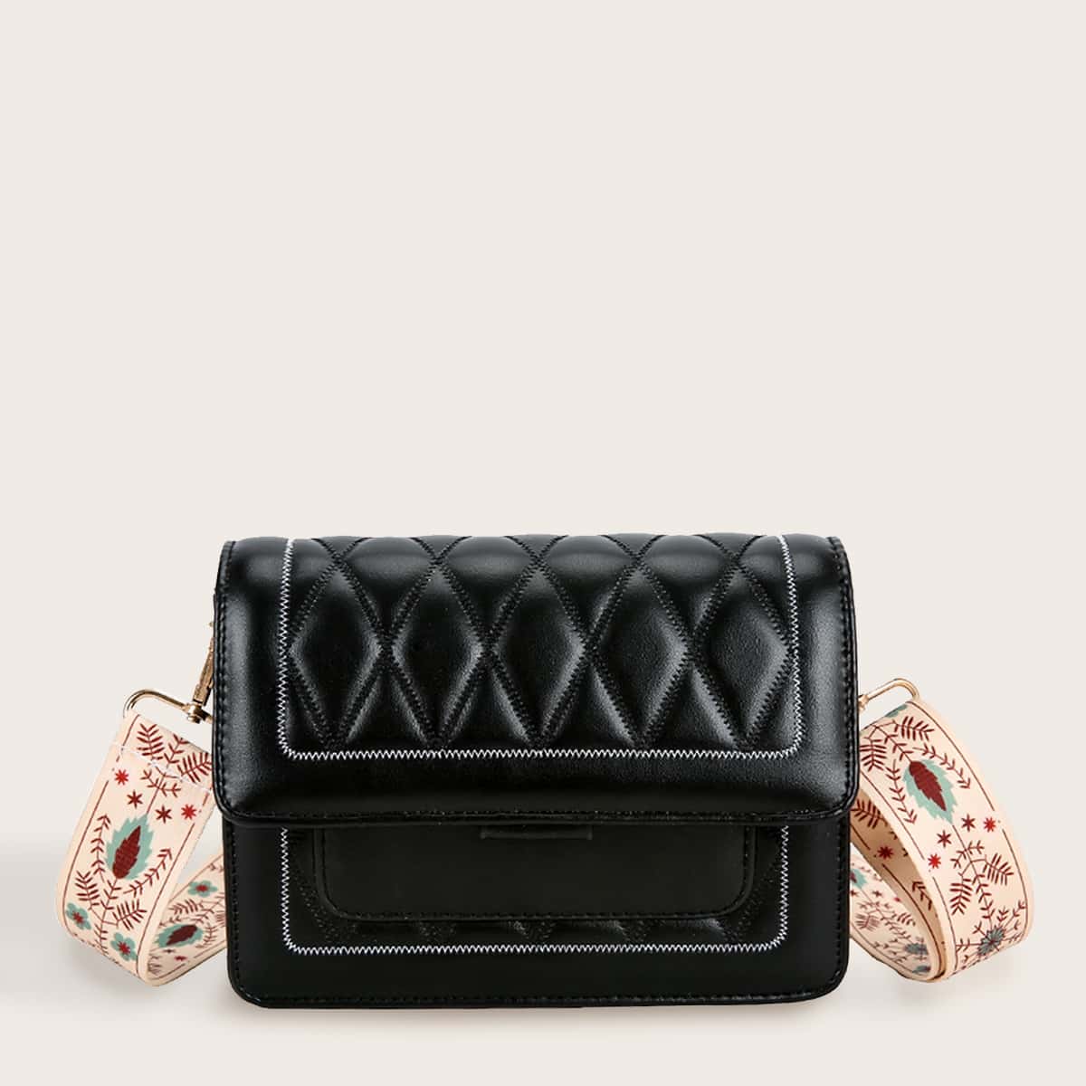 

Quilted Crossbody Bag With Wide Strap, Black