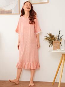 Camisón ribete fruncido de lunares - Rosa coral - Ver 3