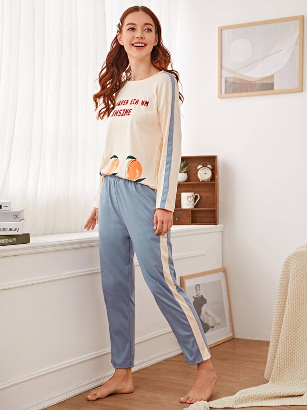 

Letter & Peach Print PJ Set, Multicolor, Poly