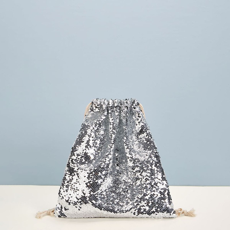 

Contrast Sequins Backpack With Drawstring, Silver