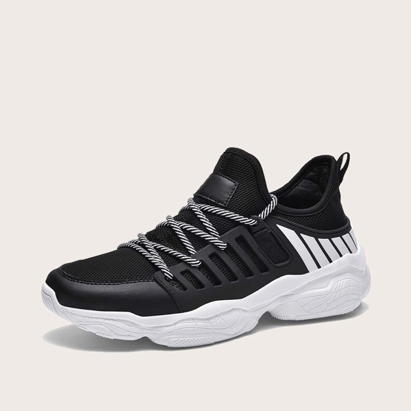 

Men Striped Lace Up Chunky Sneakers, Black and white