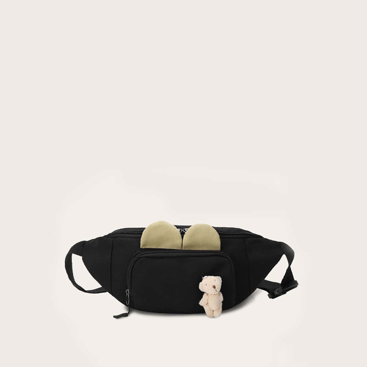 

Bear Decor Pocket Front Fanny Pack, Black