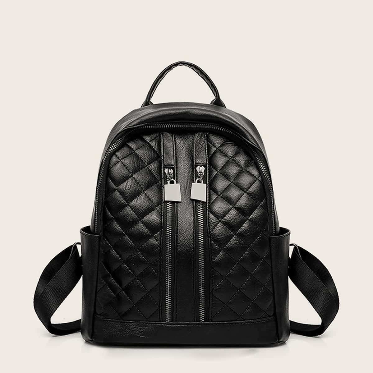 

Quilted Double Zipper Backpack, Black