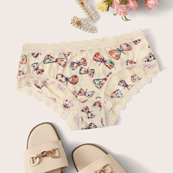 

Butterfly Print Lace Trim Panty, Nude