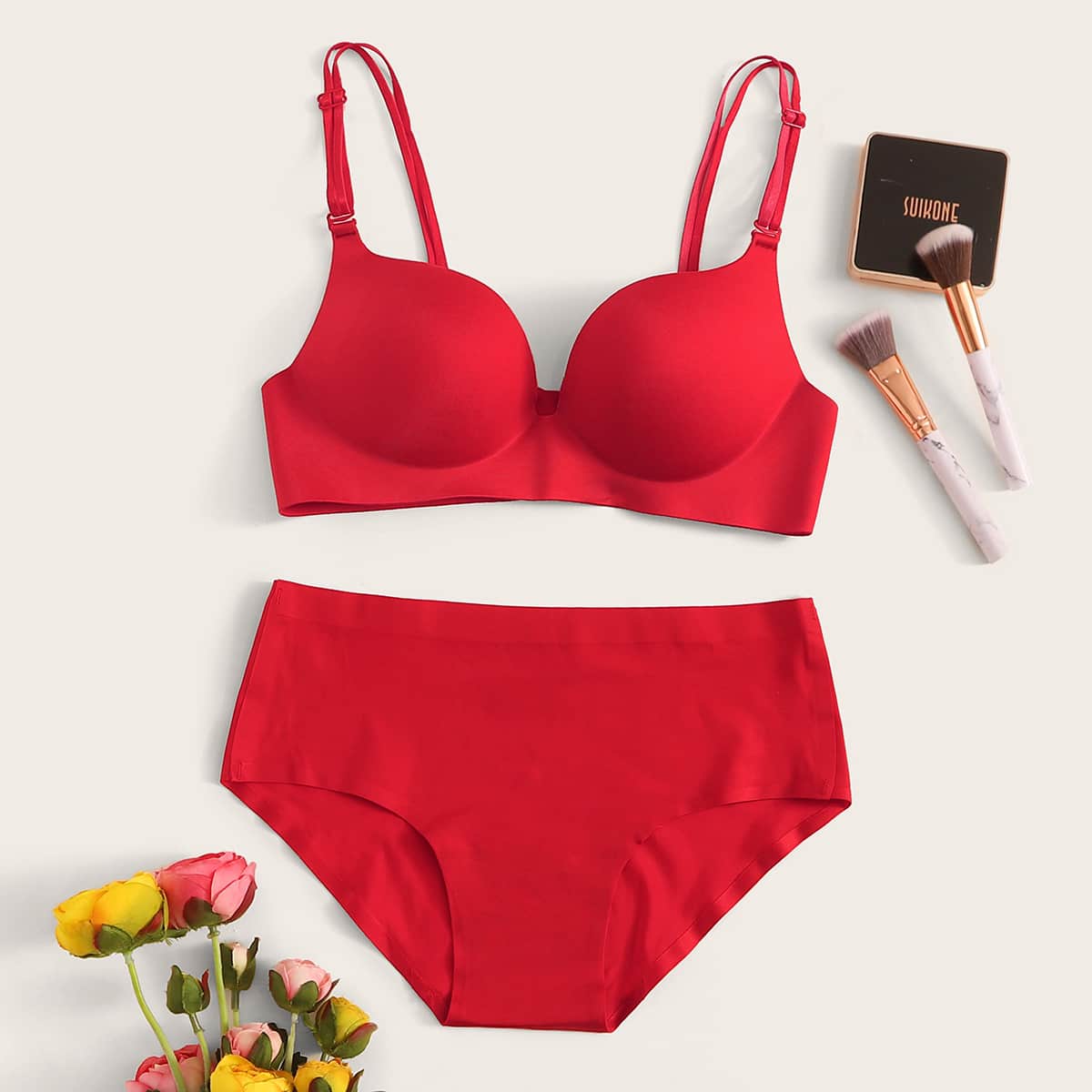 

Solid Double Strap Lingerie Set, Red