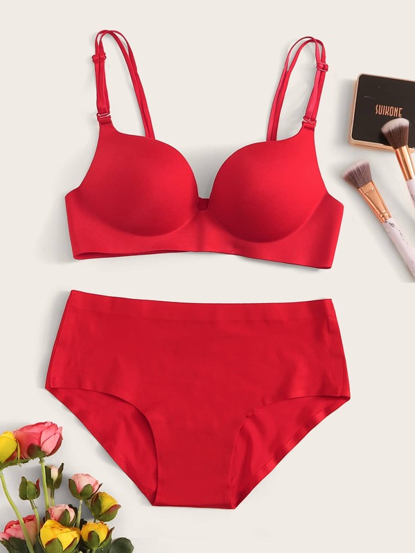 

Solid Double Strap Lingerie Set, Red