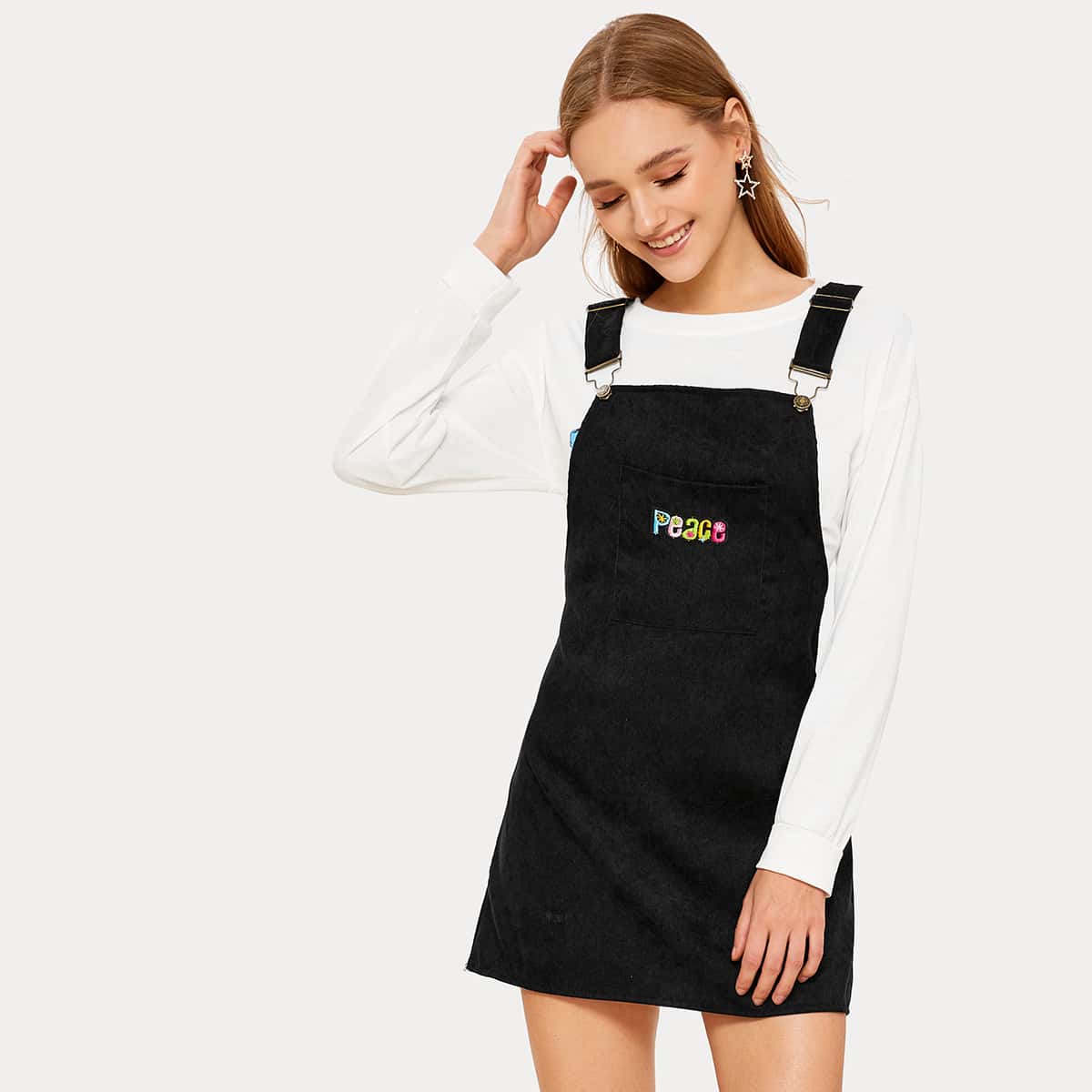 

Letter Embroidery Corduroy Pinafore Dress, Black