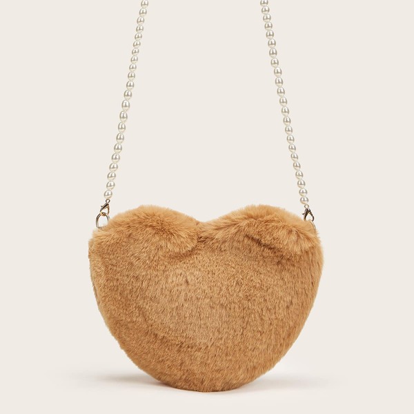 

Heart Shaped Faux Fur Chain Crossbody Bag, Brown