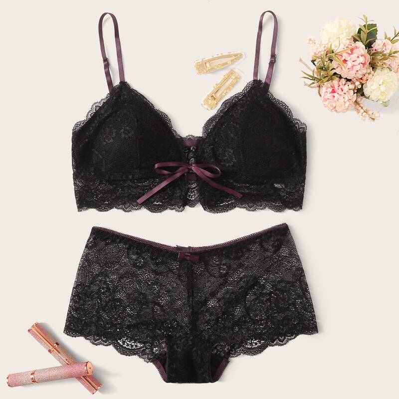 Floral Lace Lingerie Set, Black