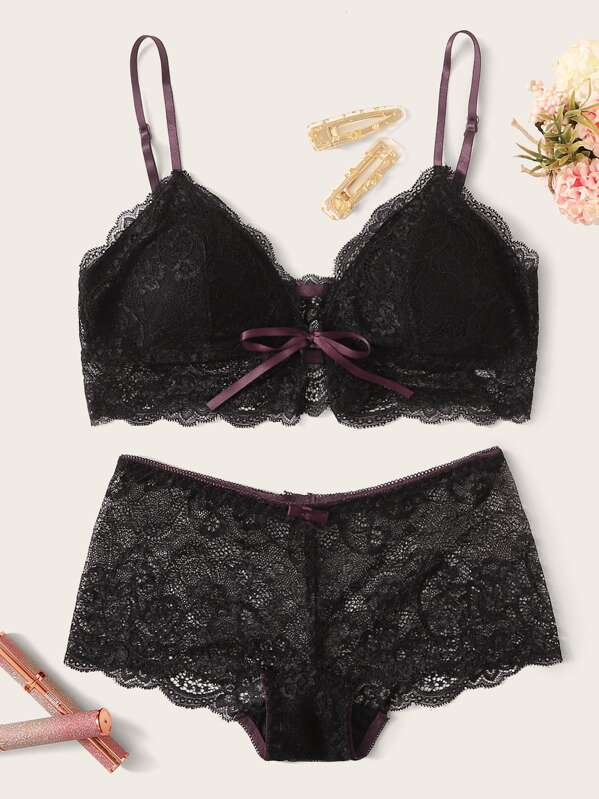 

Floral Lace Lingerie Set, Black