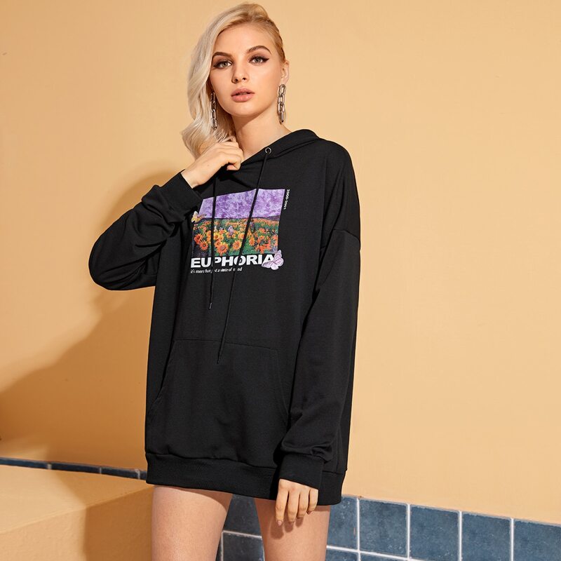 

Sunflower & Letter Graphic Black Oversized Hoodie