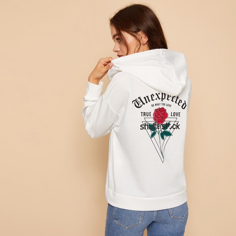 

Rose & Letter Graphic Drawstring Hoodie, White