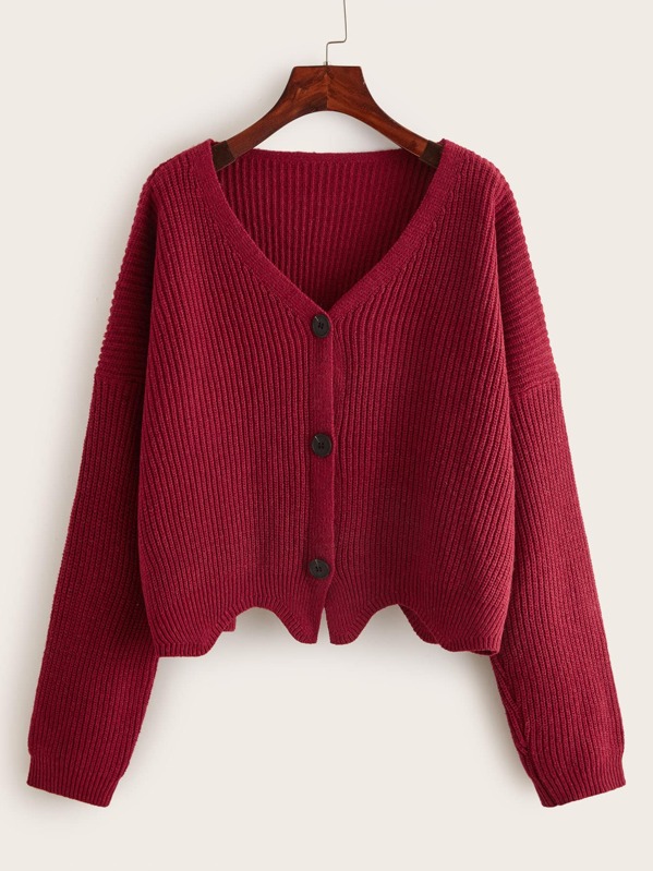 

Single Breasted Drop Shoulder Solid Cardigan, Burgundy