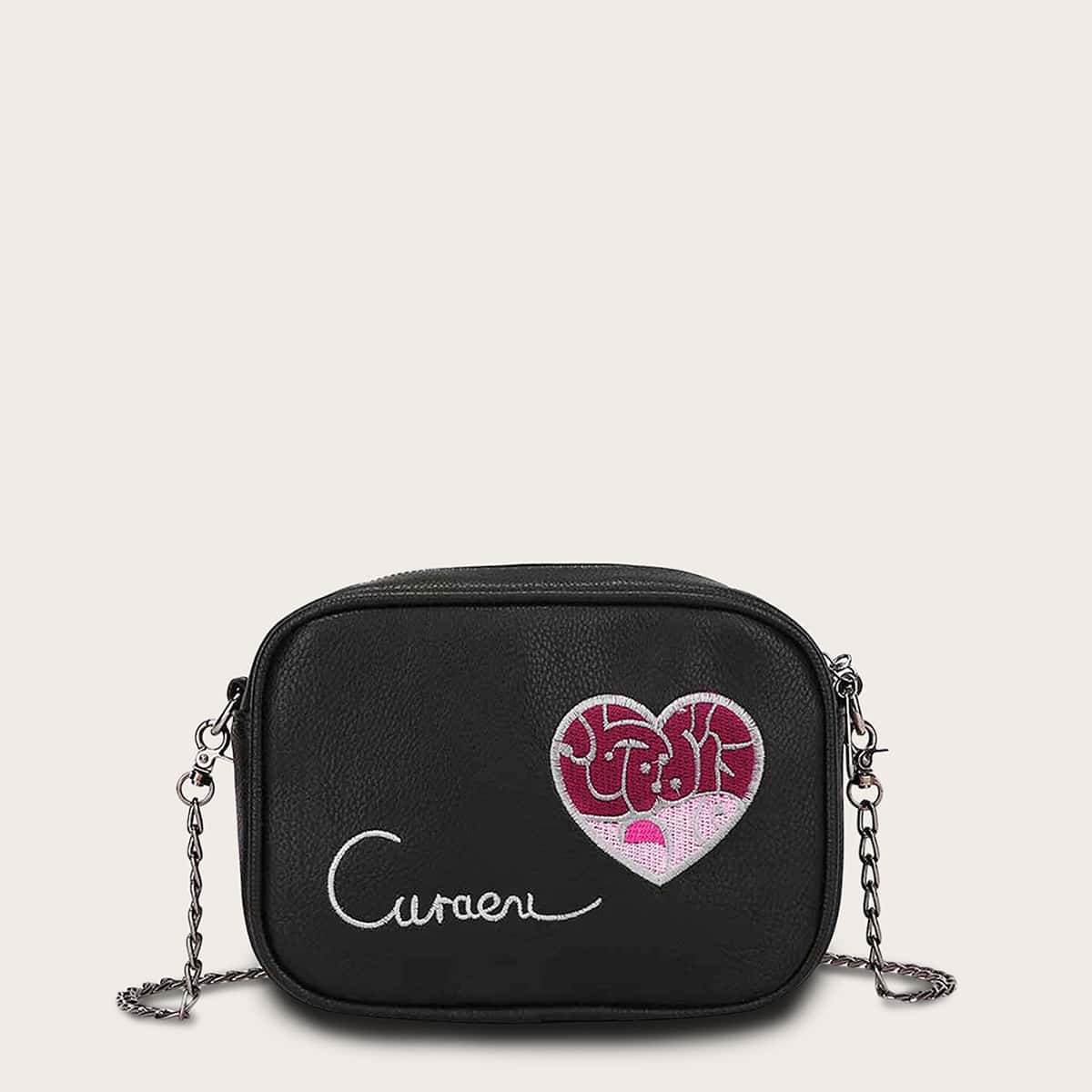 

Embroidered Letter & Heart Chain Crossbody Bag, Black
