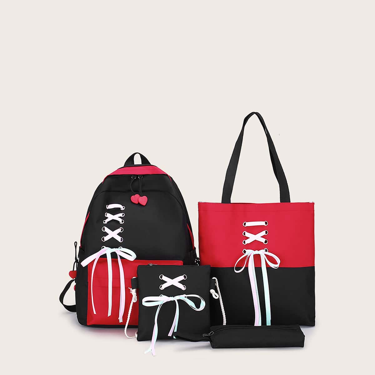 

4pcs Two Tone Lace-up Backpack, Multicolor