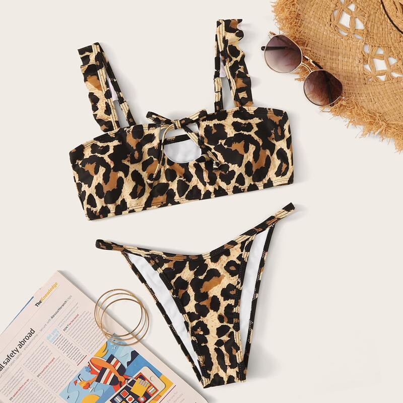 

Leopard Ruffle Trim Bikini Set, Multicolor