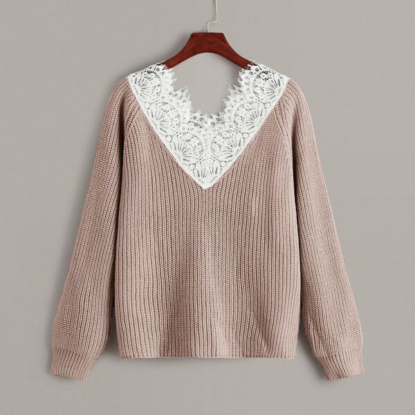 

Lace Panel Raglan Sleeve Sweater, Nude
