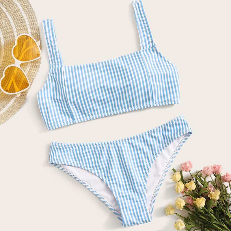

Striped Top With Cheeky Bikini Set, Blue and white