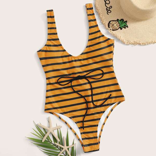 

Striped Tie Waist One Piece Swimwear, Yellow