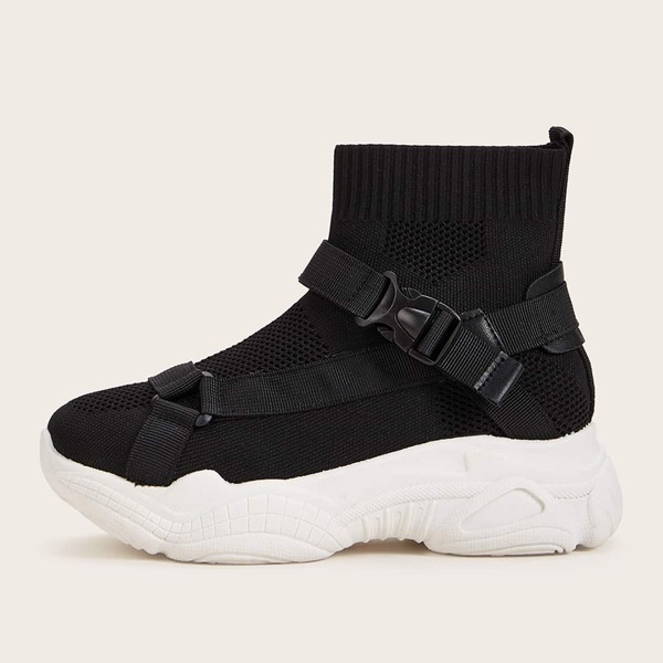 

Buckle Front Mesh Chunky Sneakers, Black