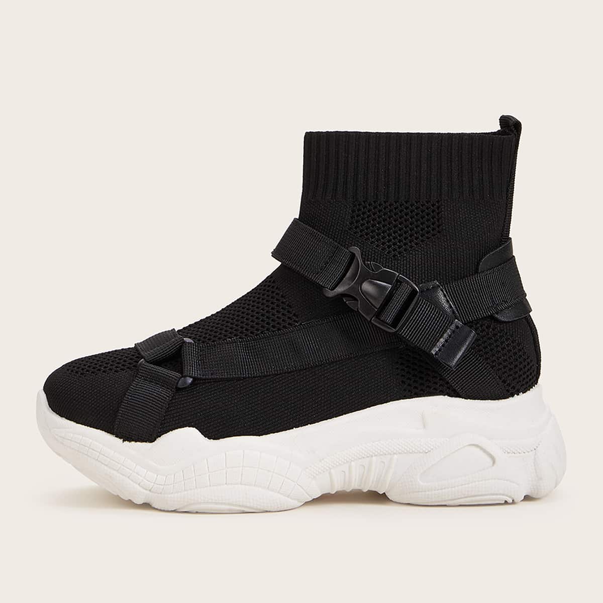 

Buckle Front Mesh Chunky Sneakers, Black