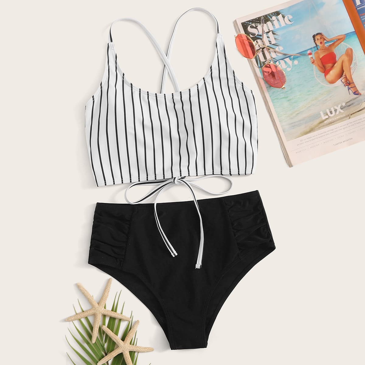 

Striped Lace Up Back Bikini Set, Black and white