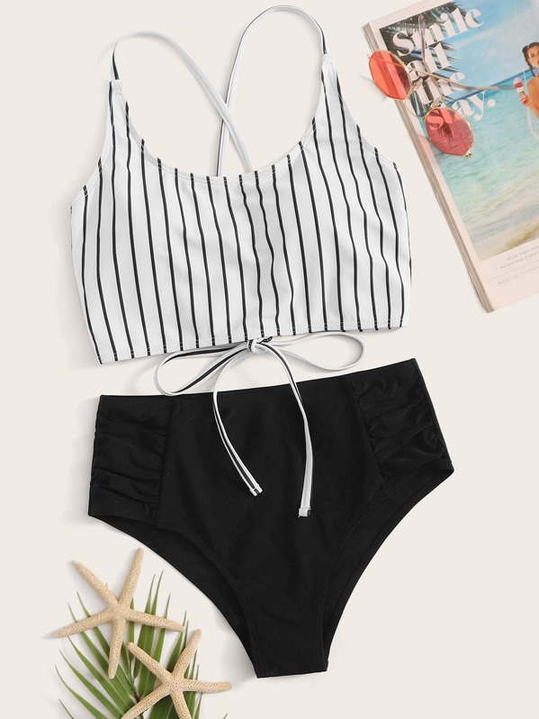 

Striped Lace Up Back Bikini Set, Black and white