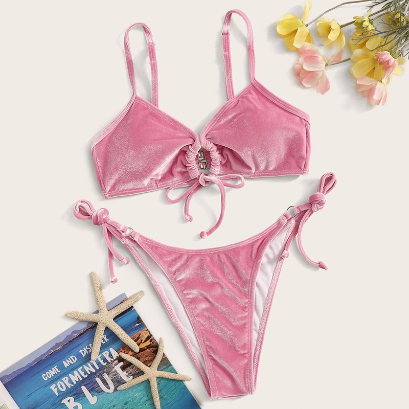

Tie Front Velvet Top With Tie Side Bikini Set, Pink