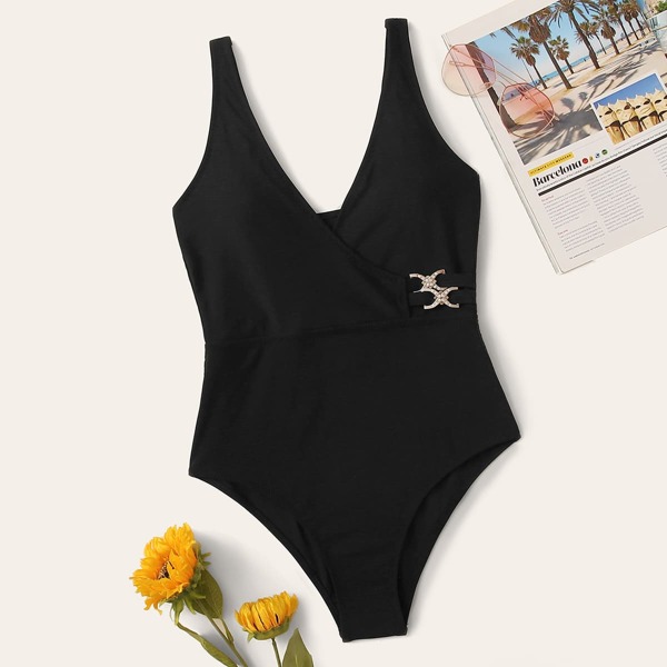 

Solid Wrap One Piece Swimwear, Black
