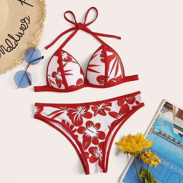

Floral Print Triangle Halter Bikini Set, Red