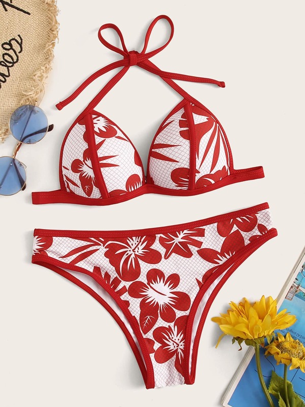 

Floral Print Triangle Halter Bikini Set, Red