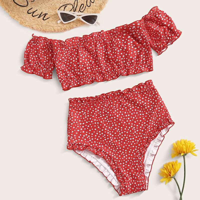 

Ditsy Floral Frill Trim Bardot Bikini Swimsuit, Burnt orange