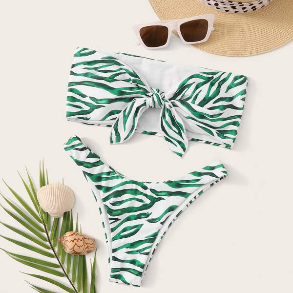 

Knot Front Bandeau Bikini Set, Green