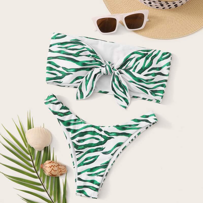 

Knot Front Bandeau Bikini Set, Green