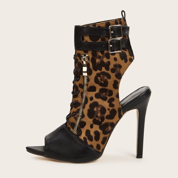 

Leopard Open Back Zipper & Buckle Detail Heels, Multicolor