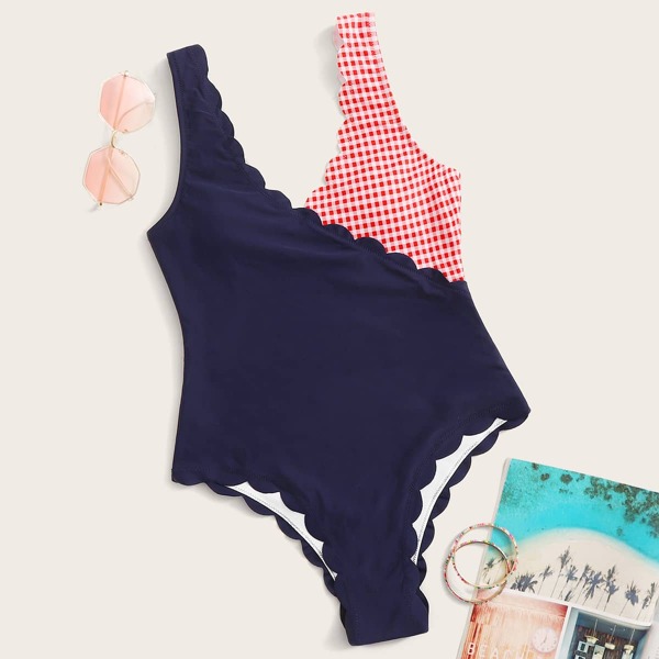 

Gingham Scallop Trim One Piece Swimwear, Navy
