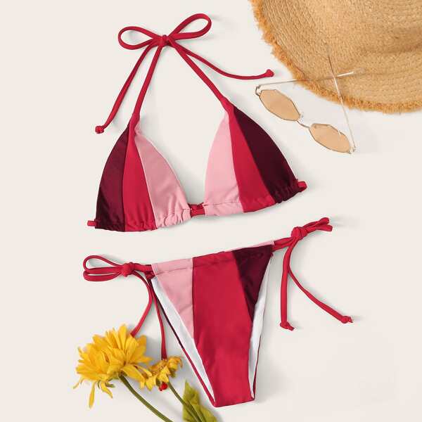

Colorblock Halter Top With Tie Side Bikini Set, Multicolor