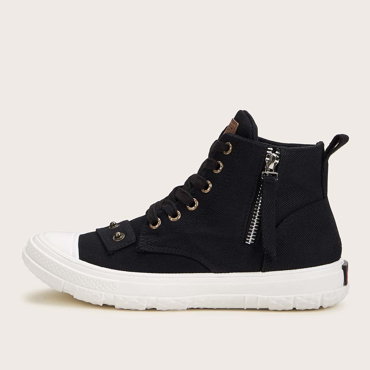 

Side Zipper Lace Up & Button Front Sneakers, Black