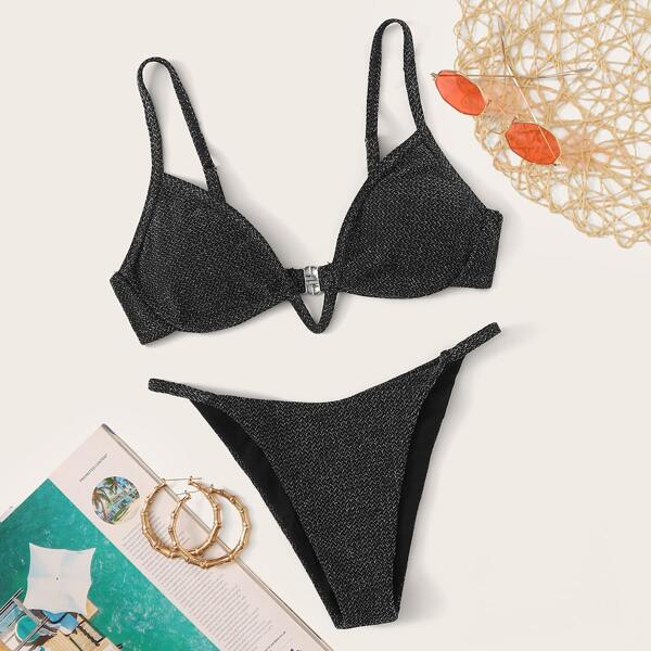 

Spaghetti Strap Top With Thong Bikini Set, Black