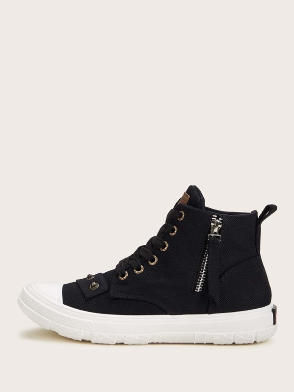 

Side Zipper Lace Up & Button Front Sneakers, Black
