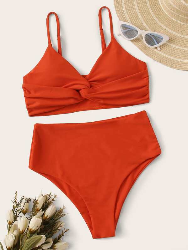 

Twist Top With High Waist Bikini Set, Orange